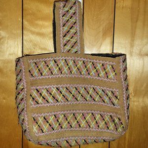 Vintage 1970s Handmade Purse Bag Burlap Embroidered Yarn Retro Boho Hippie A2